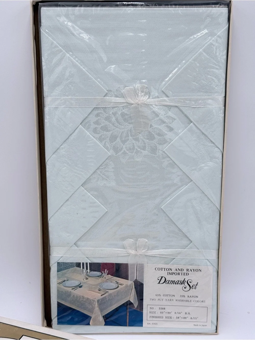 Vintage Imp Damask Tablecloth & Napkin Set - Aqua - Floral Design - NEW IN BOX